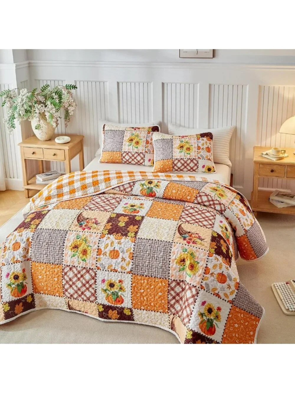 Autumn Harvest Patchwork Quilt Set - 2 Pieces Queen Size, Pumpkin Sunflower